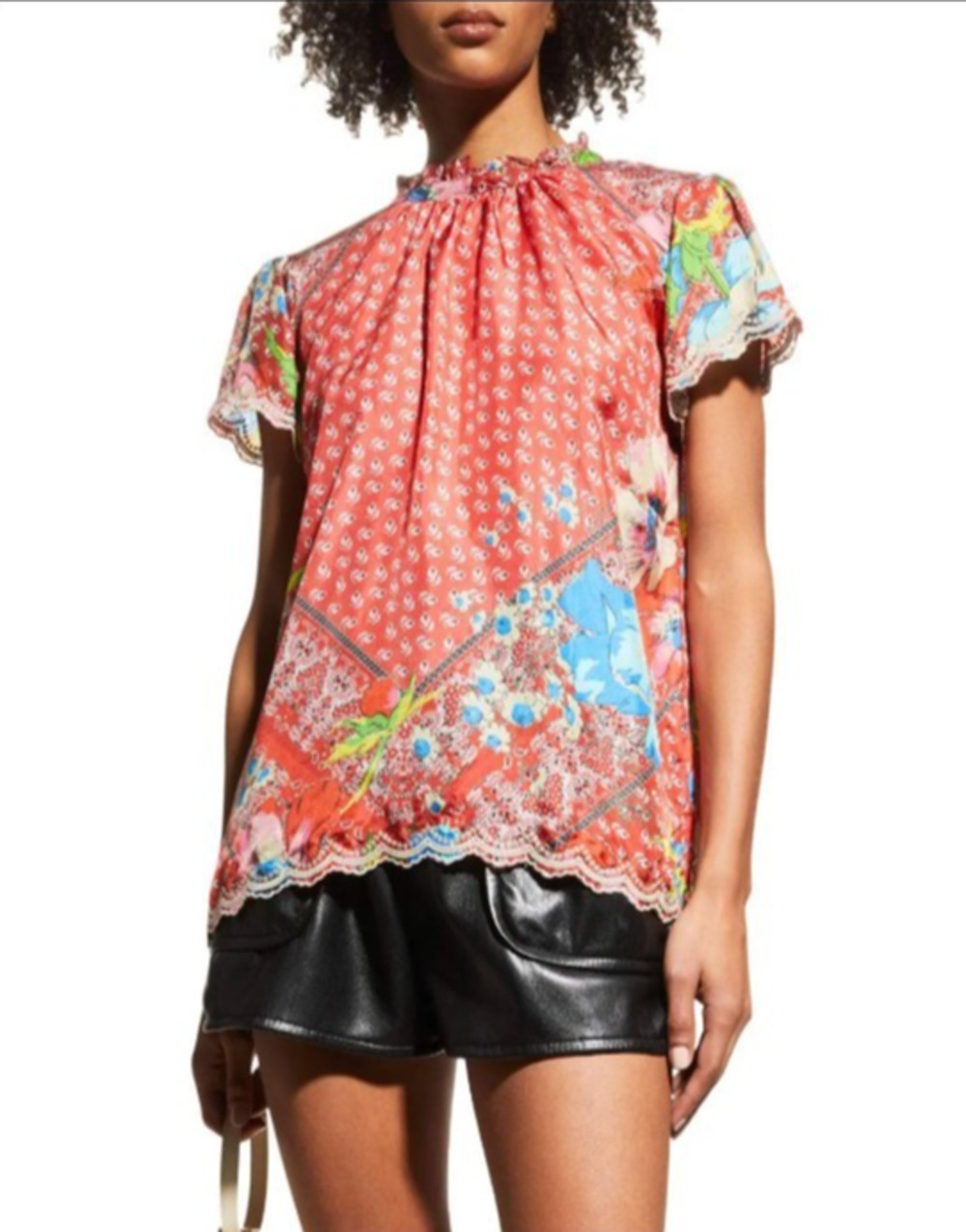 Johnny Was 100% Silk Red Floral Boho Blouse Top Size L Lace Trim Short Sleeve